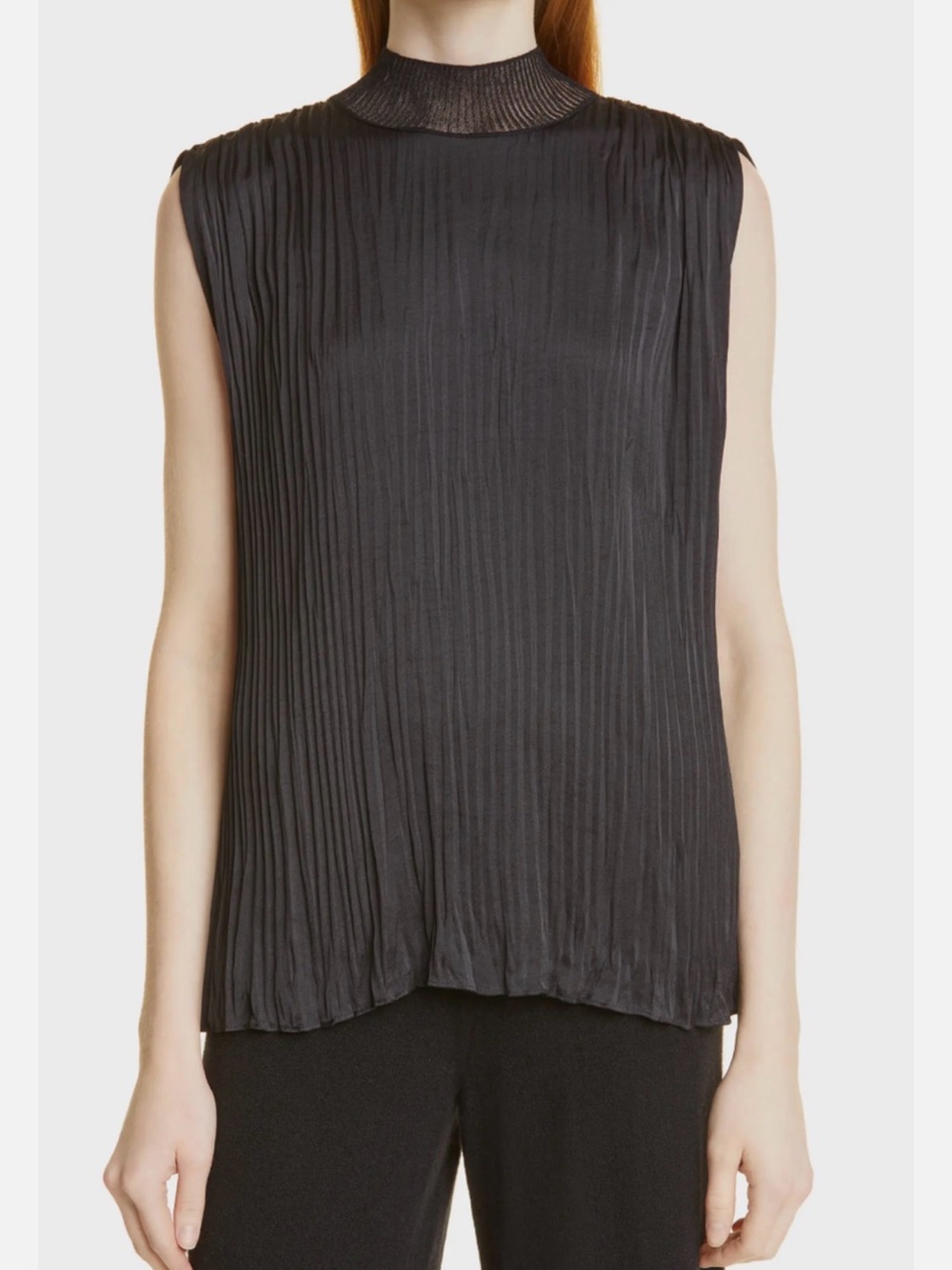 Vince Black Pleated Mock Neck Sleeveless Blouse Top Size L